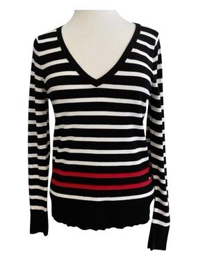 Contemporaine knit sweater black white red stripes V neck long sleeves in medium